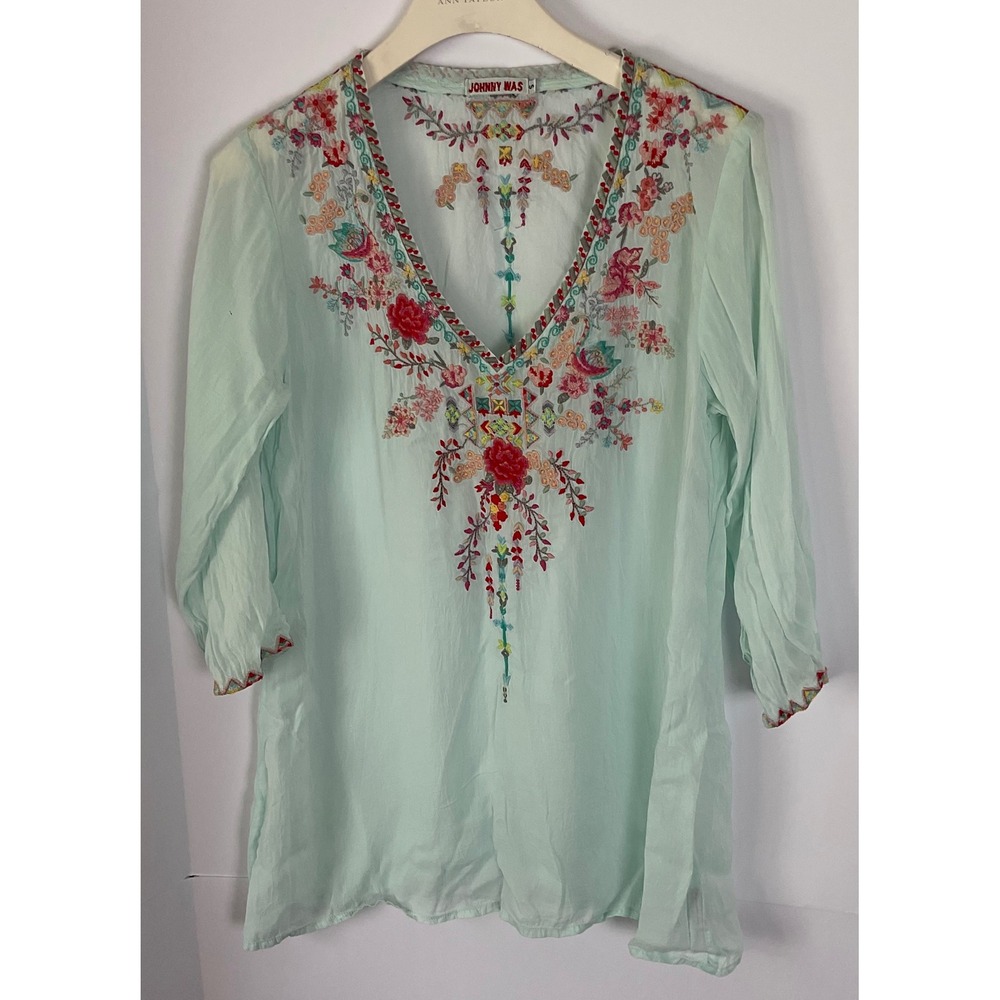 Johnny Was Mint Green Embroidered Cupra Rayon Boho Tunic Top Womens Size Small